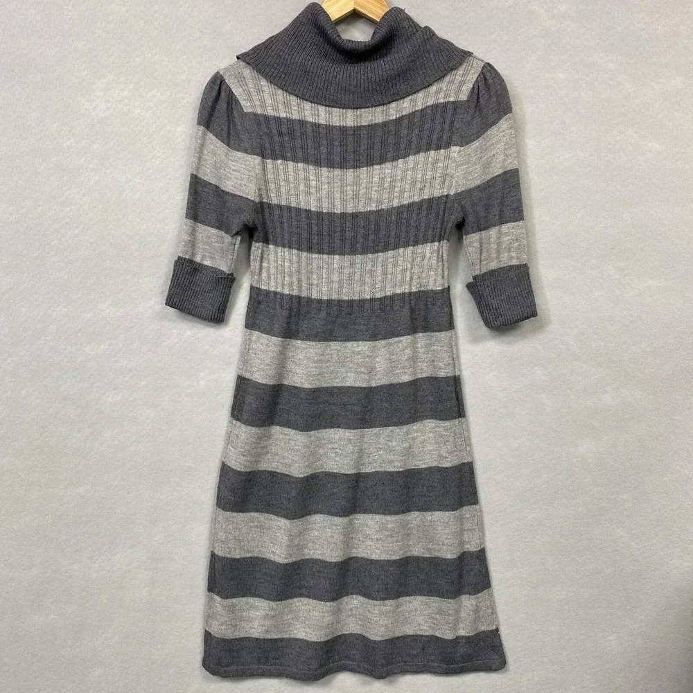 Liv Womens Gray Striped Cowl Neck Sweater Dress 3/4 Sleeve Size‎ L SL1690
